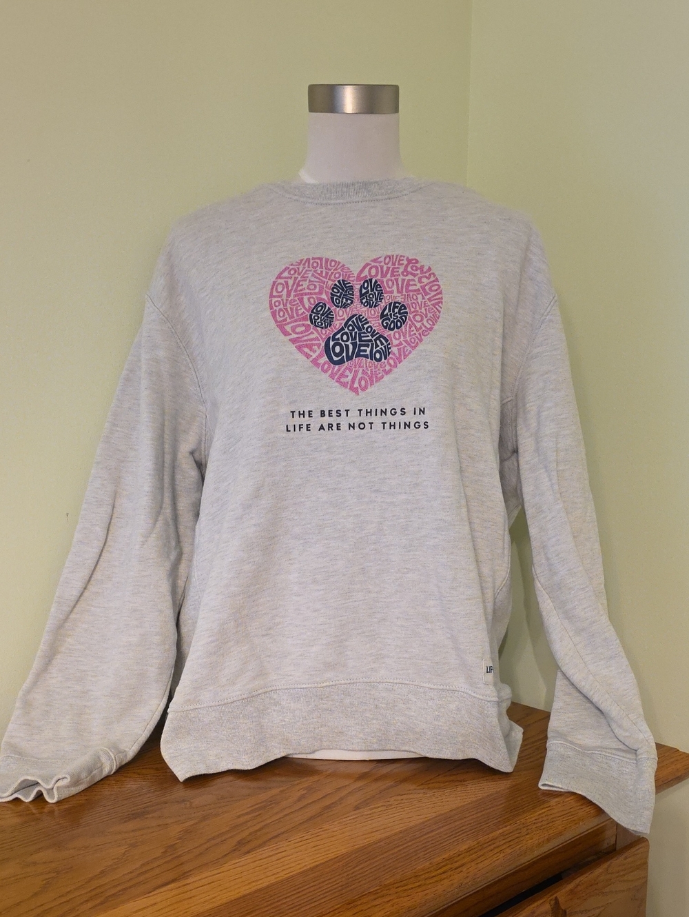 Life Is Good Light Gray Pullover Sweatshirt with Pink Heart & Navy Paw